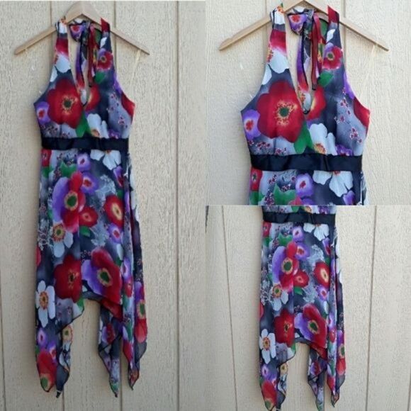 90's Anime Vibrant Poppy Floral Halter Dress Colorful SharkBite Hem Satin Tie - Picture 2 of 8